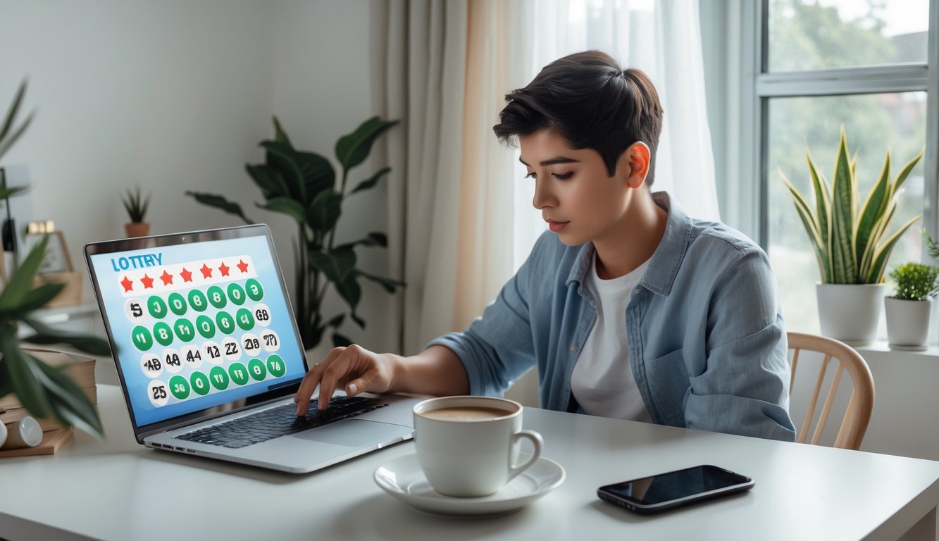 Seseorang duduk di meja kerja dengan laptop, fokus bermain permainan lotere online, di ruangan dengan pencahayaan alami dan tanaman hias.