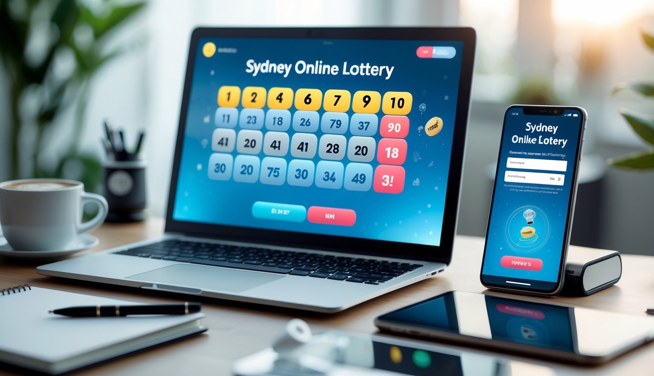 Seorang pengguna di depan laptop dan ponsel yang menampilkan aplikasi togel online, dengan suasana ruang kerja yang nyaman.