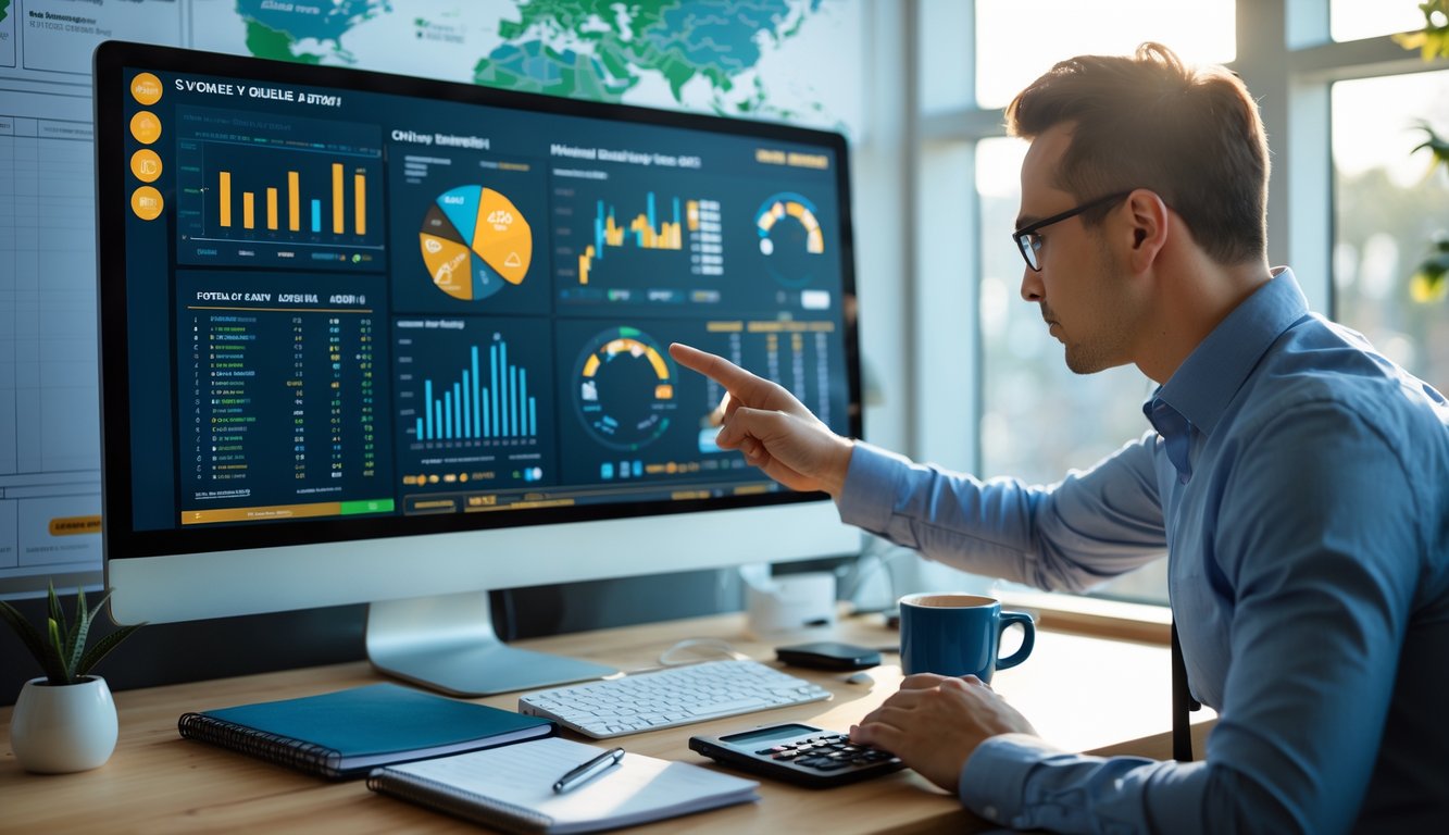 Seorang profesional sedang menganalisis strategi togel Sydney secara online di kantor dengan layar komputer dan alat kerja di meja.