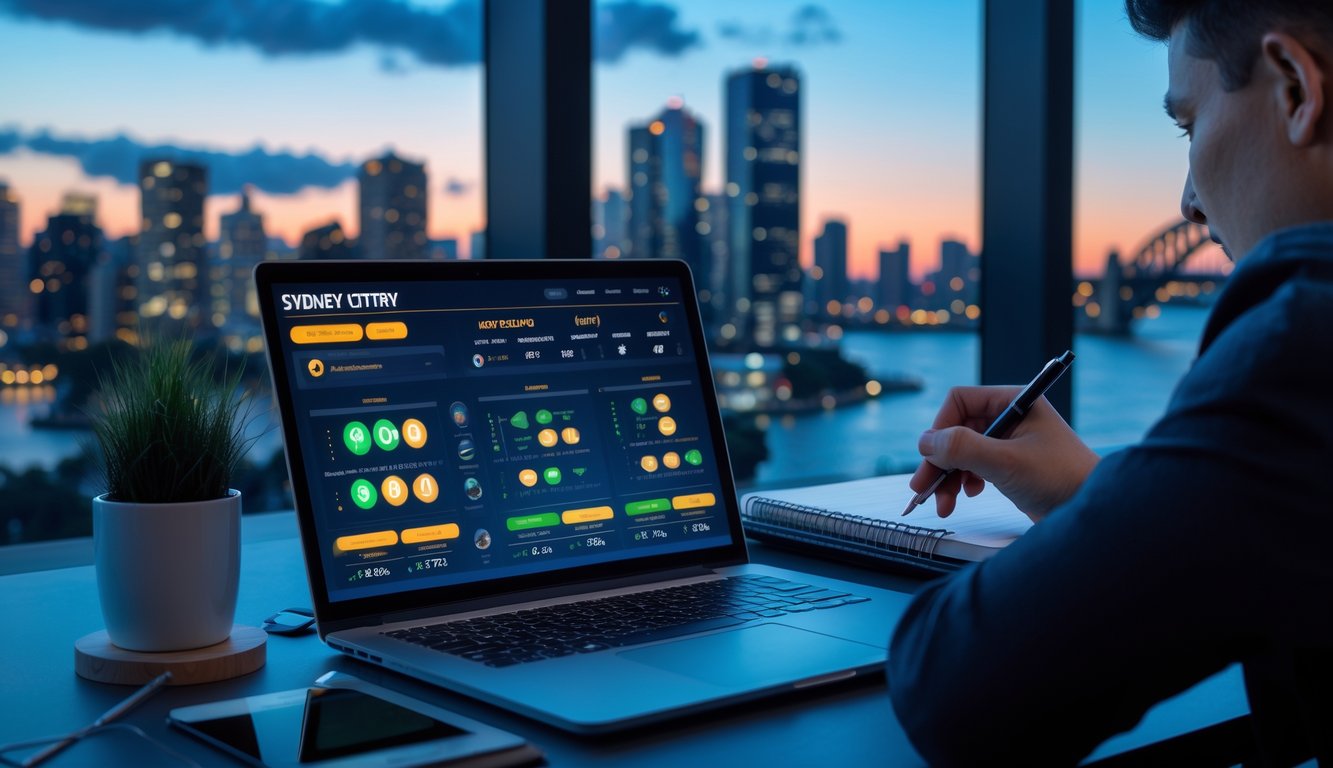 Seorang pria sedang menganalisis data di depan laptop dengan latar belakang pemandangan kota Sydney saat senja.