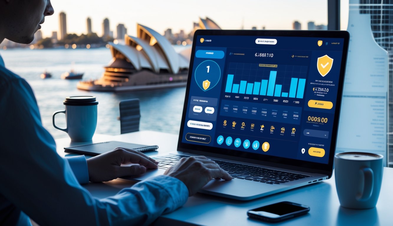 Seorang pria menggunakan laptop di meja kerja modern dengan latar belakang siluet Sydney, menampilkan antarmuka lotere online yang aman dan terpercaya.