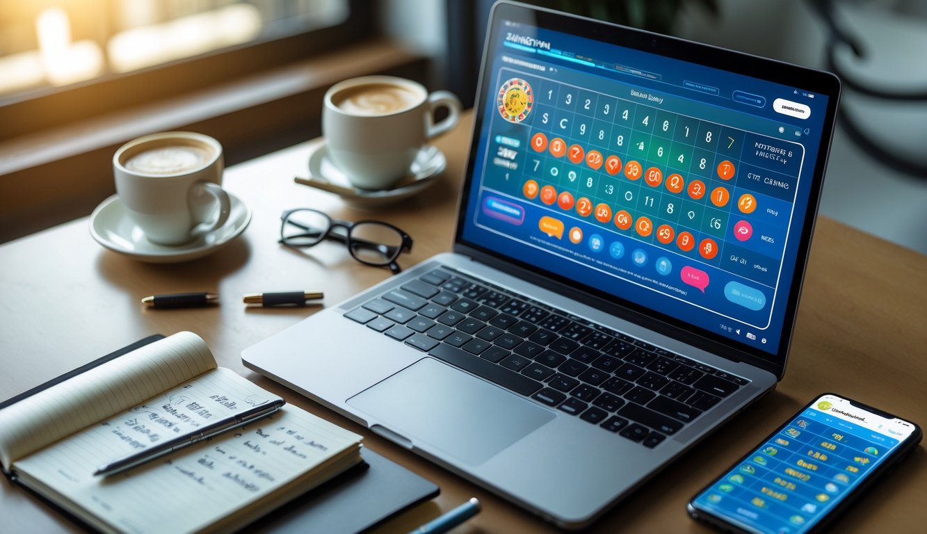 Sebuah meja kerja dengan laptop yang menampilkan antarmuka lotere, buku catatan dengan tulisan tangan, dan ponsel yang menunjukkan hasil lotere, dikelilingi oleh cangkir kopi dan kacamata di bawah cahaya alami.