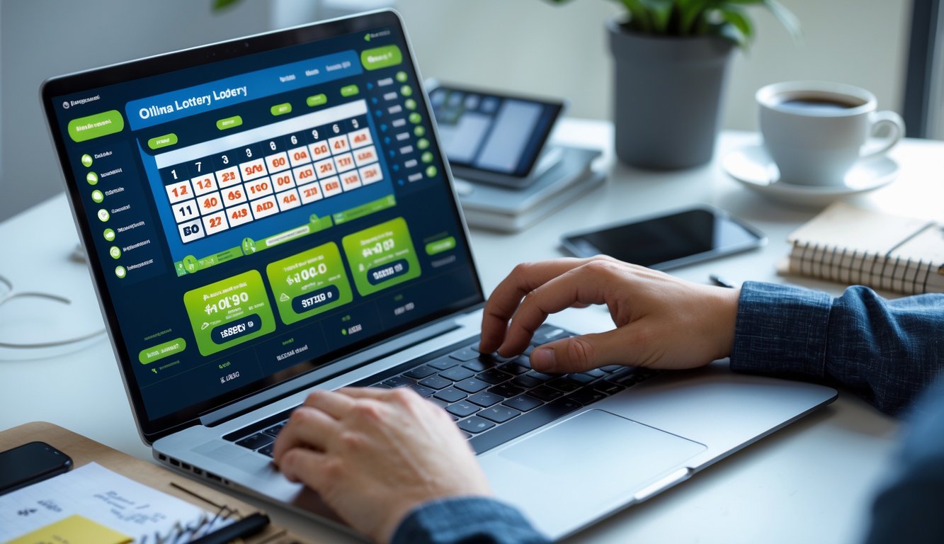 Seseorang sedang menggunakan laptop di meja kerja dengan layar menampilkan antarmuka permainan togel online, dengan catatan dan ponsel di sekitarnya.