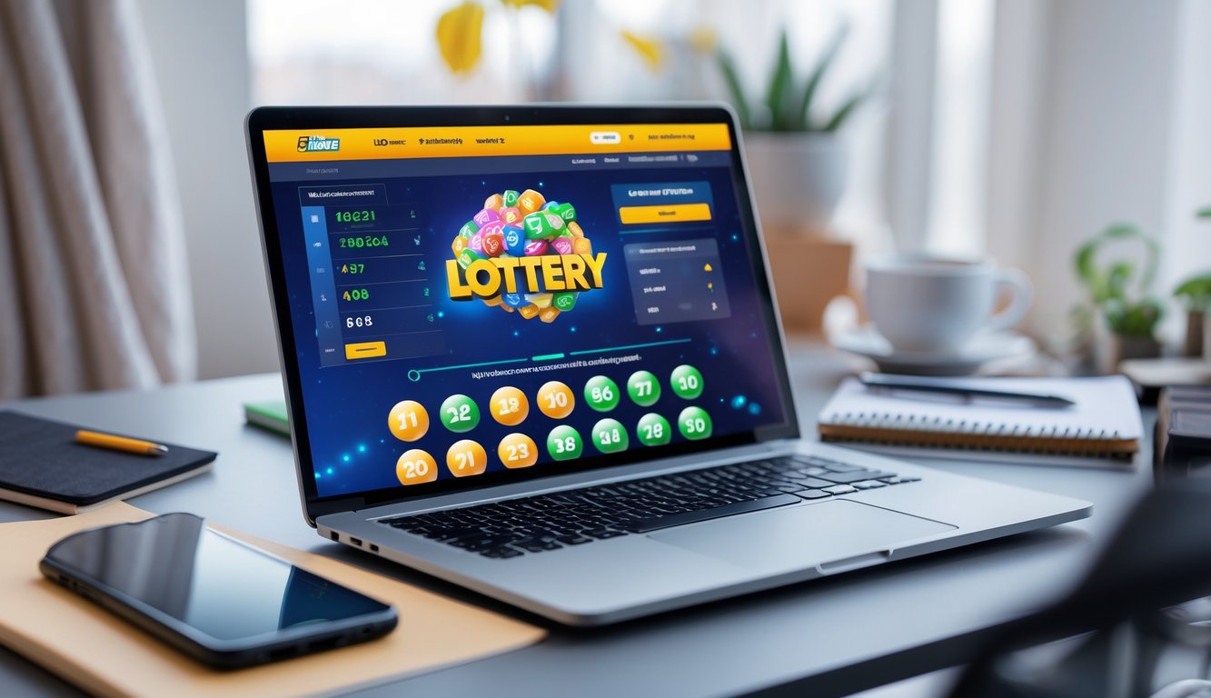 Sebuah ruang kerja digital modern dengan laptop yang menampilkan situs togel online, smartphone dengan notifikasi bonus, dan beberapa barang di meja dalam suasana nyaman.