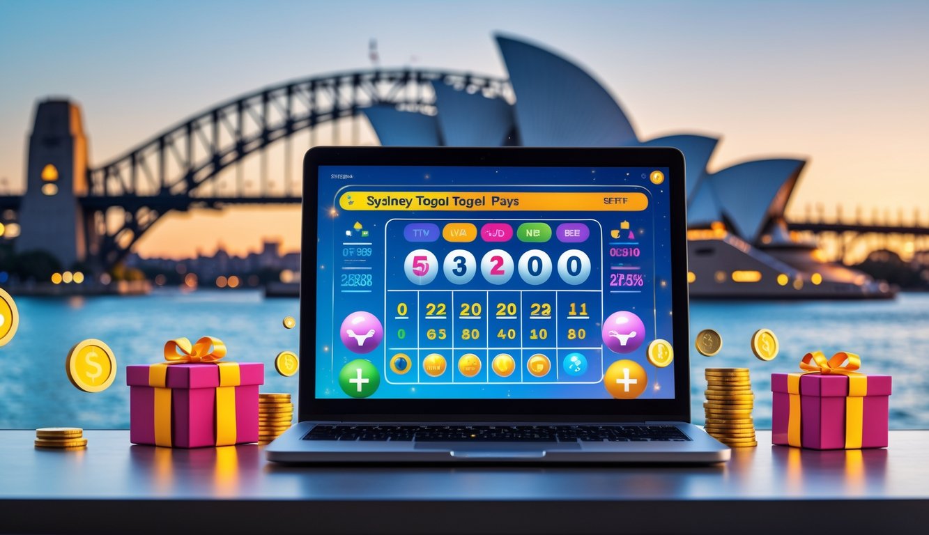 Seorang pengguna duduk di depan laptop dengan tampilan tiket lotere digital, dikelilingi koin dan hadiah, dengan latar belakang siluet kota Sydney.