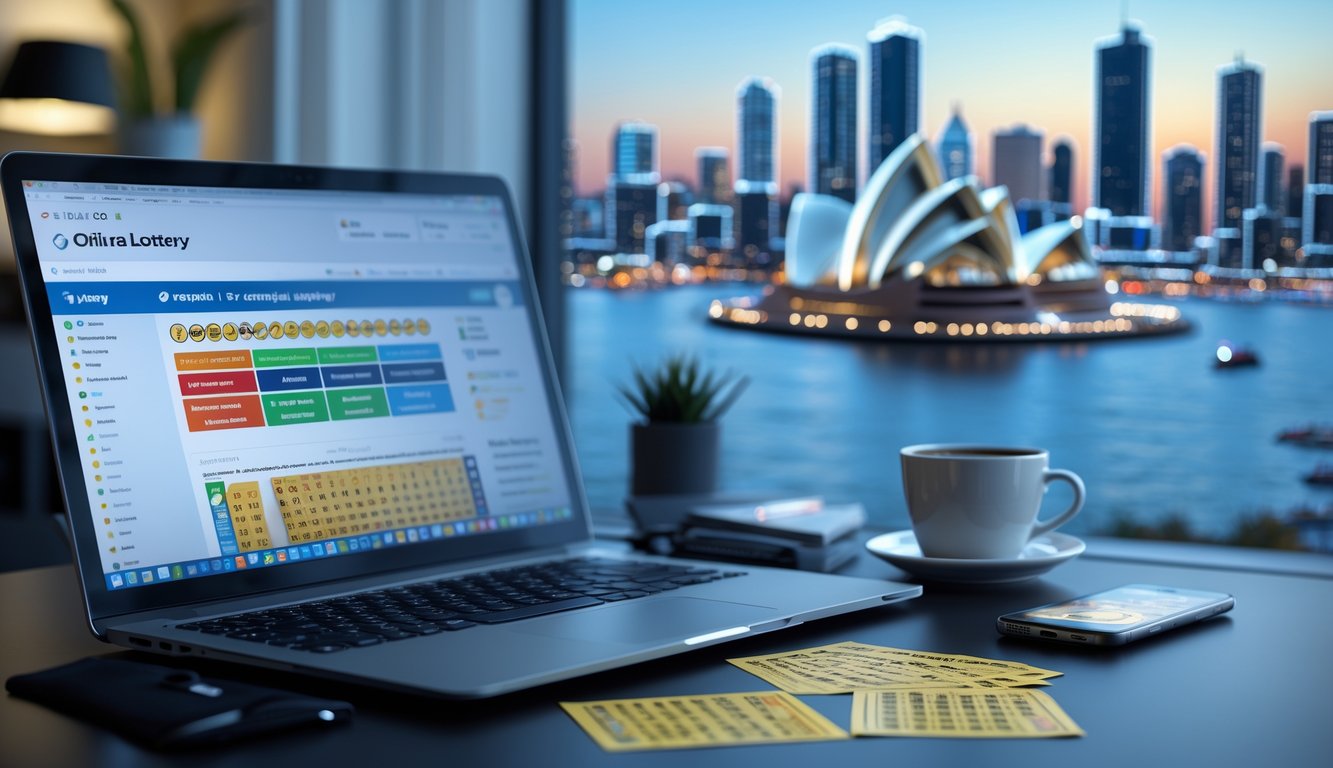 Seorang pria duduk di meja kerja dengan laptop dan ponsel menampilkan situs togel online, latar belakang menampilkan pemandangan kota Sydney.