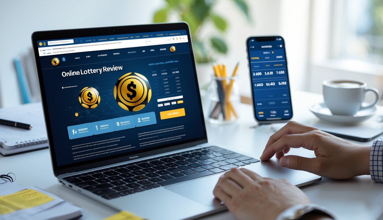 Seseorang mengetik di laptop dengan layar menampilkan situs togel online, di meja ada ponsel dan cangkir kopi.