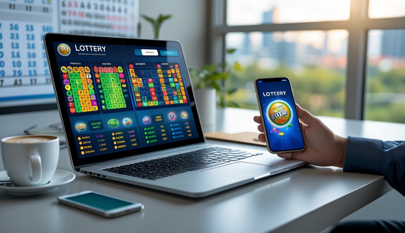 Meja kerja modern dengan laptop dan ponsel yang menampilkan antarmuka permainan lotere online, cangkir kopi, dan latar belakang pemandangan kota.