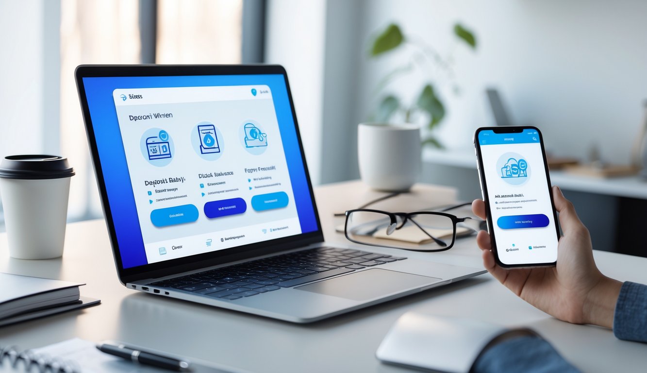 Seseorang menggunakan laptop dan ponsel untuk melakukan transaksi keuangan online di meja kerja yang rapi.