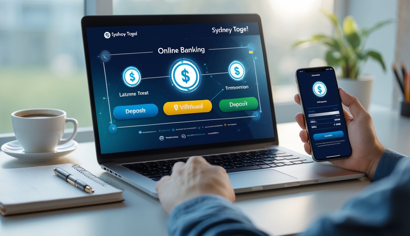 Meja kerja dengan laptop dan ponsel yang menampilkan antarmuka transaksi keuangan online, dikelilingi peralatan kantor dan pencahayaan alami.