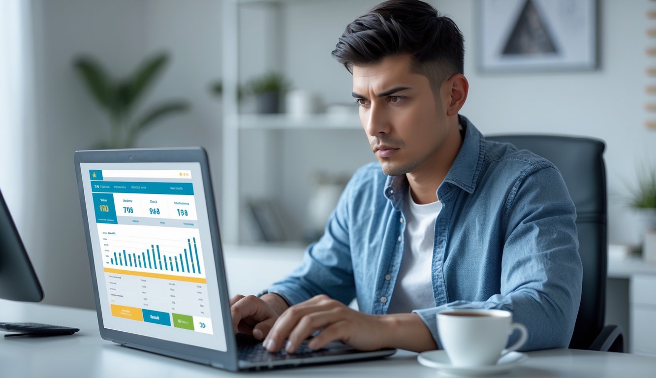 Seorang pria muda duduk di meja dengan laptop, fokus menganalisis data taruhan togel online di ruang kerja rumah yang rapi.