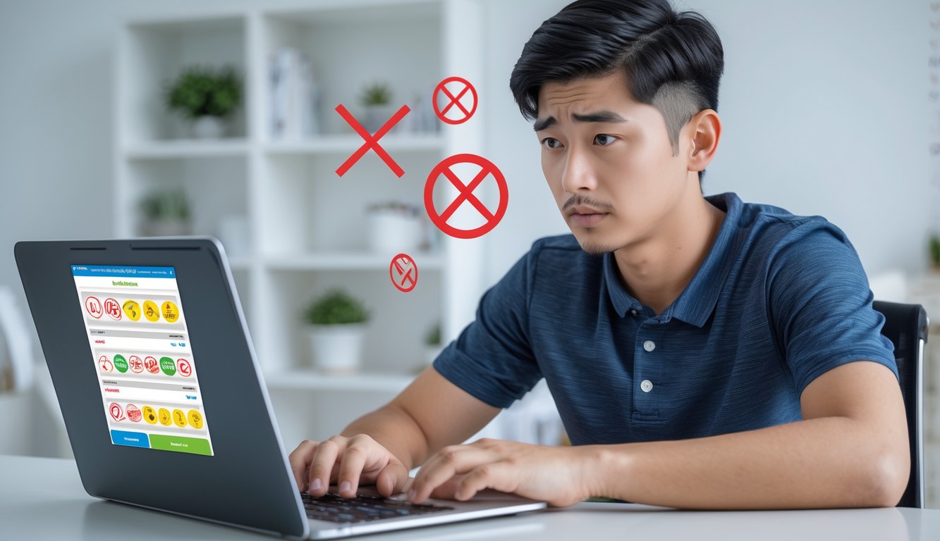 Seorang pria muda duduk di meja dengan laptop terbuka, tampak bingung saat memasang taruhan togel online, dengan ikon peringatan di layar.