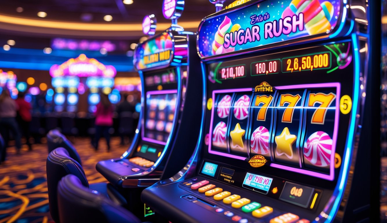 Mesin slot warna-warni dengan simbol permen dan lampu berkedip di lantai kasino yang ramai.
