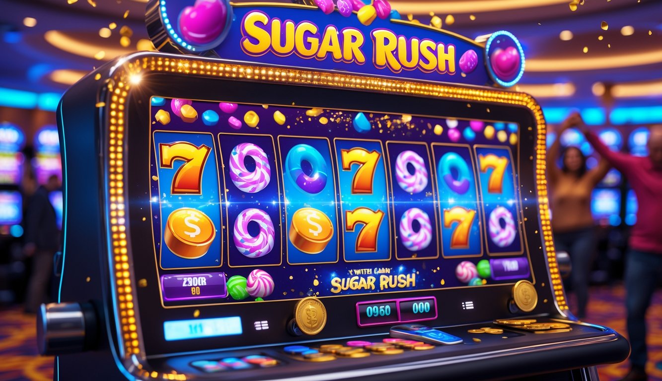 Mesin slot modern dengan simbol permen berwarna-warni dan koin jatuh di kasino yang ramai dengan pemain yang tampak antusias.