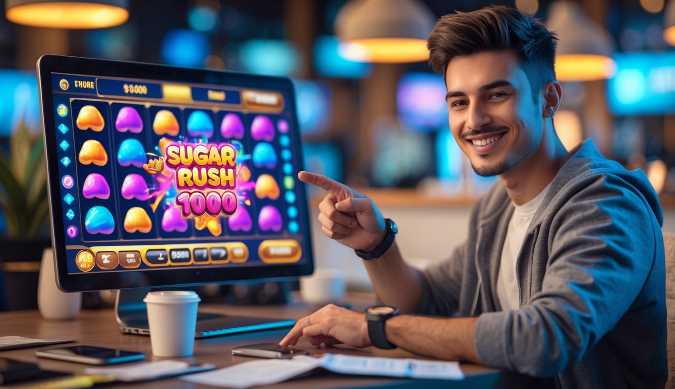 Seorang pria muda duduk di depan laptop dengan permainan slot online bergambar permen di layar, tersenyum dan menunjuk ke layar, di meja terdapat kopi dan ponsel.