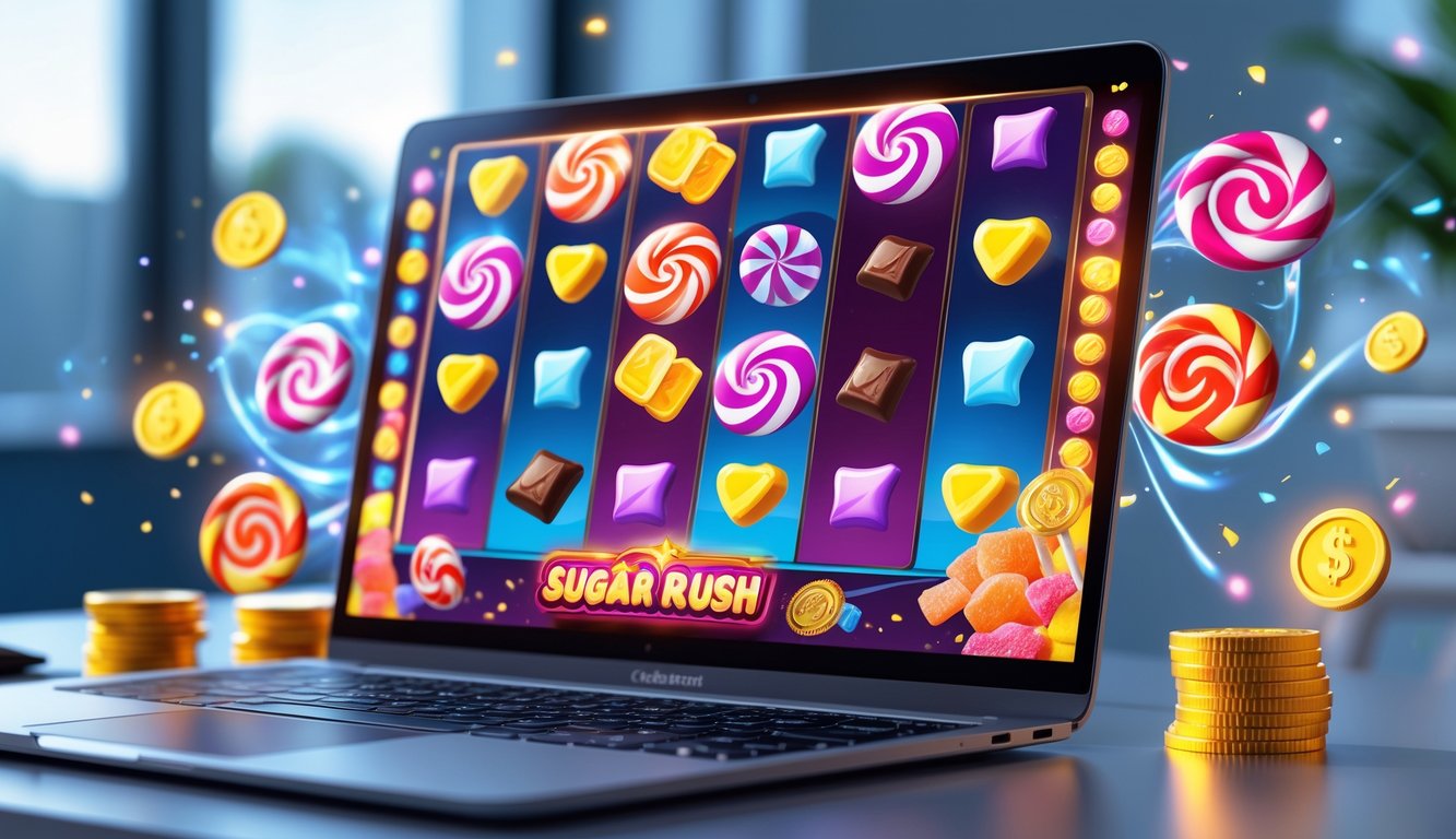 Layar komputer menampilkan permainan slot bertema permen dengan simbol warna-warni dan koin yang bersinar di sekitar.