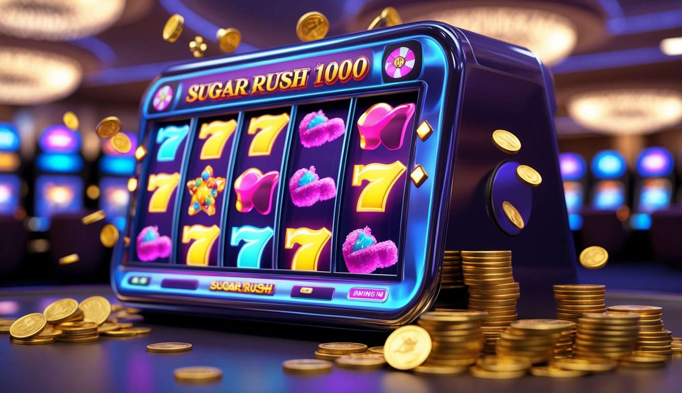 Mesin slot digital dengan simbol permen berwarna-warni dan koin yang berjatuhan di latar kasino yang samar.