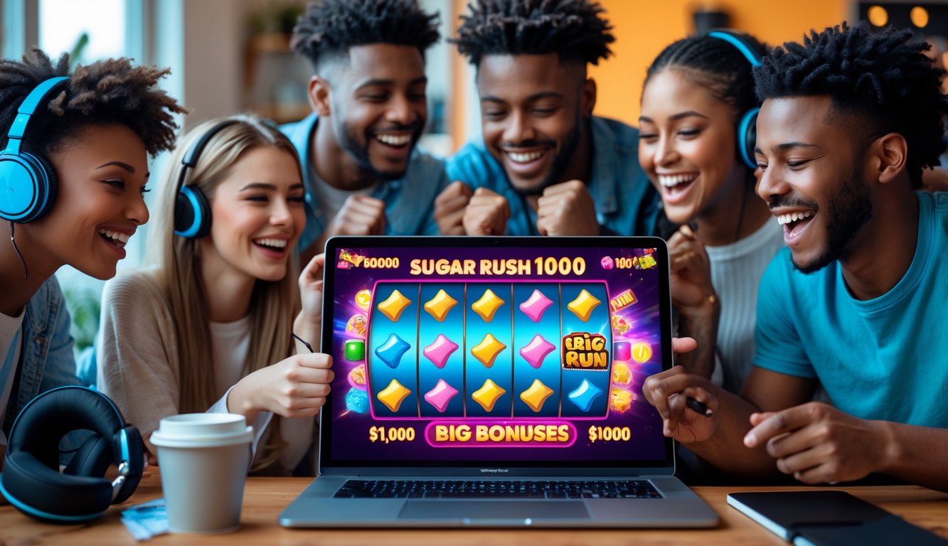 Sekelompok orang muda sedang bermain permainan slot online dengan layar penuh warna dan ekspresi bahagia di sebuah ruangan yang nyaman.