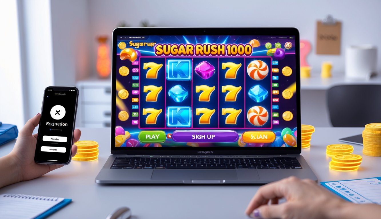 Seseorang sedang menggunakan komputer dan ponsel untuk mendaftar dan bermain permainan slot online dengan tema permen dan bonus besar.