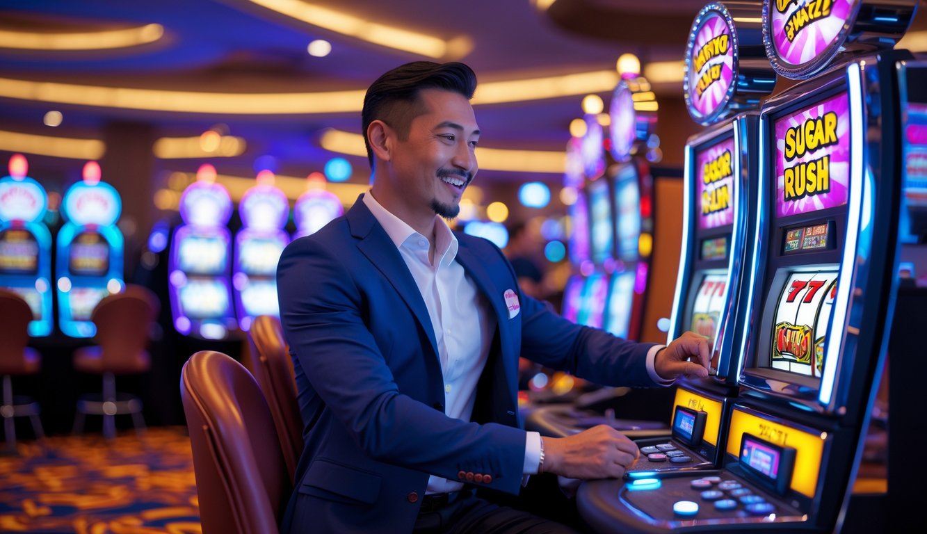 Seorang pemain slot yang percaya diri sedang bermain mesin slot berwarna cerah di lantai kasino yang ramai dan terang.