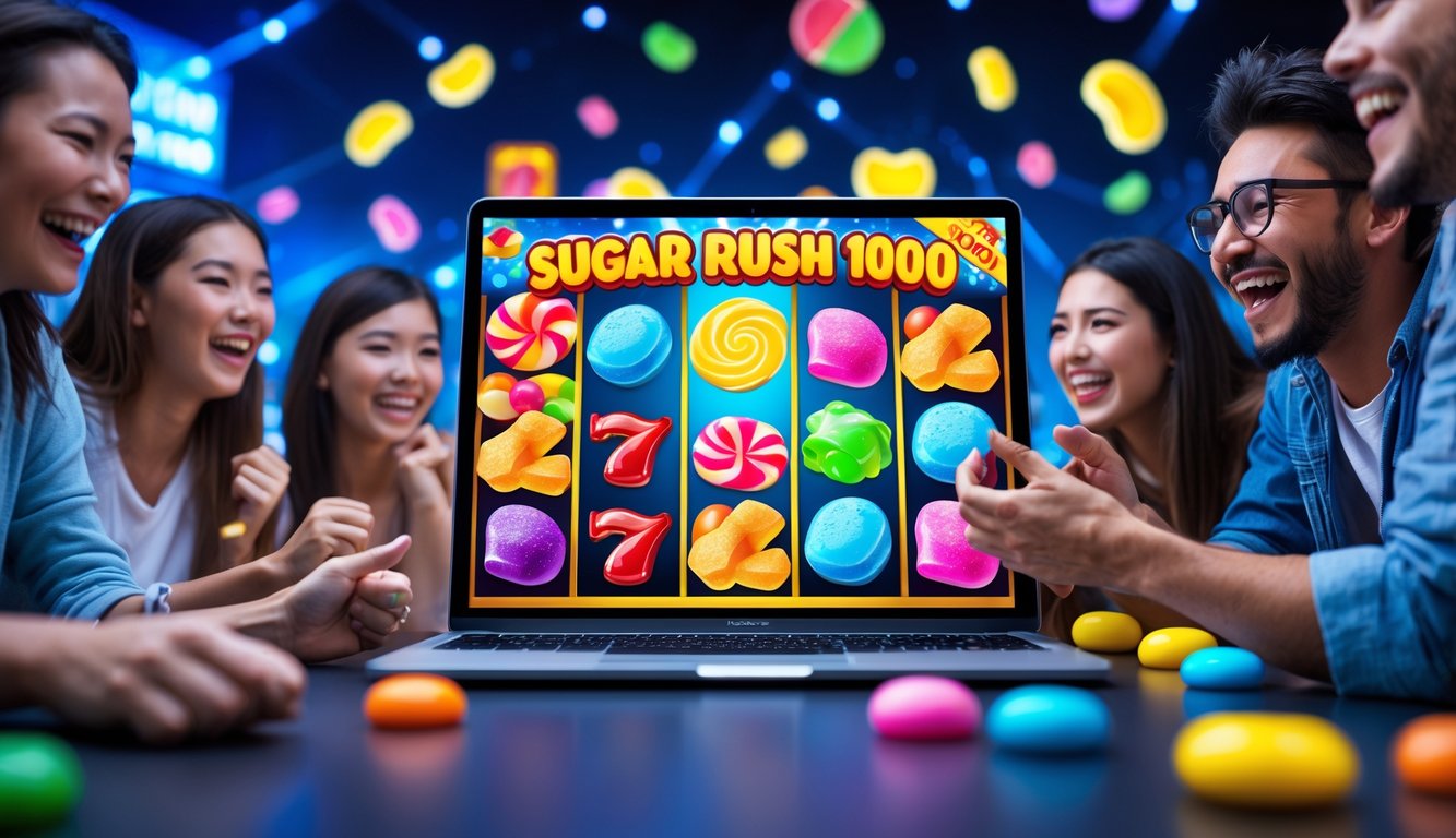 Orang-orang bermain permainan slot online dengan layar komputer menampilkan gulungan mesin slot bertema permen dan gula-gula yang berwarna-warni.