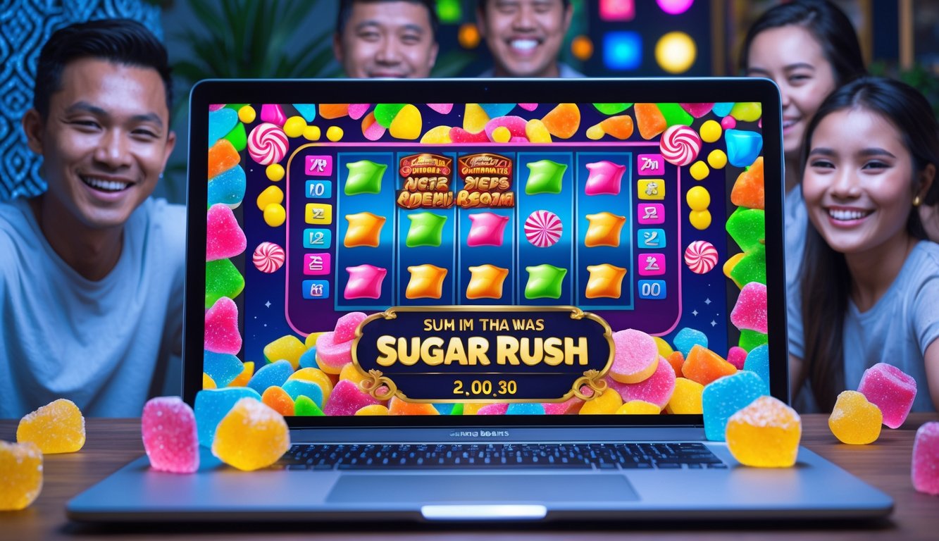 Beberapa pemain Indonesia sedang bermain game slot online dengan tema permen berwarna-warni di layar komputer.