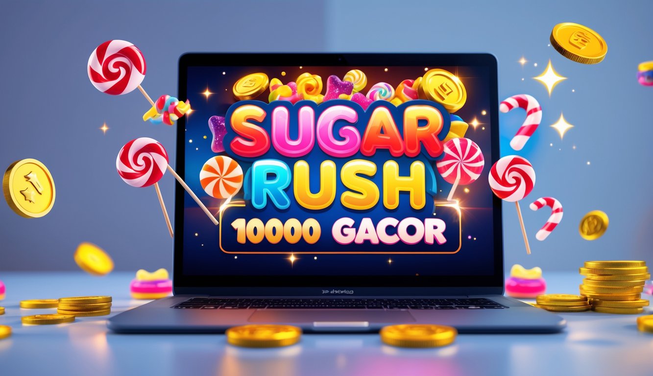 Tampilan komputer dengan permainan slot bertema permen yang berwarna-warni dan koin berkilau di sekitarnya.