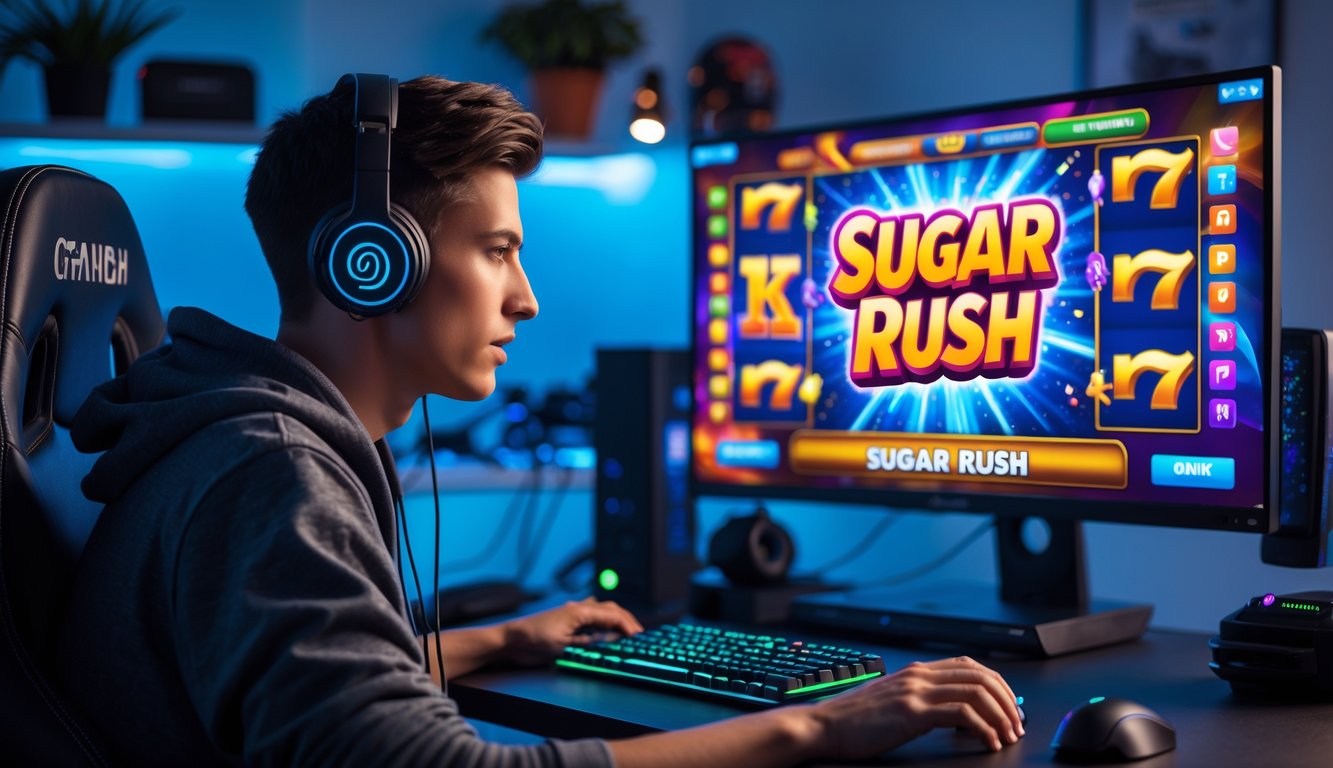 Seorang pria muda duduk di depan komputer dengan tampilan permainan slot berwarna-warni, fokus bermain di ruangan gaming yang rapi.