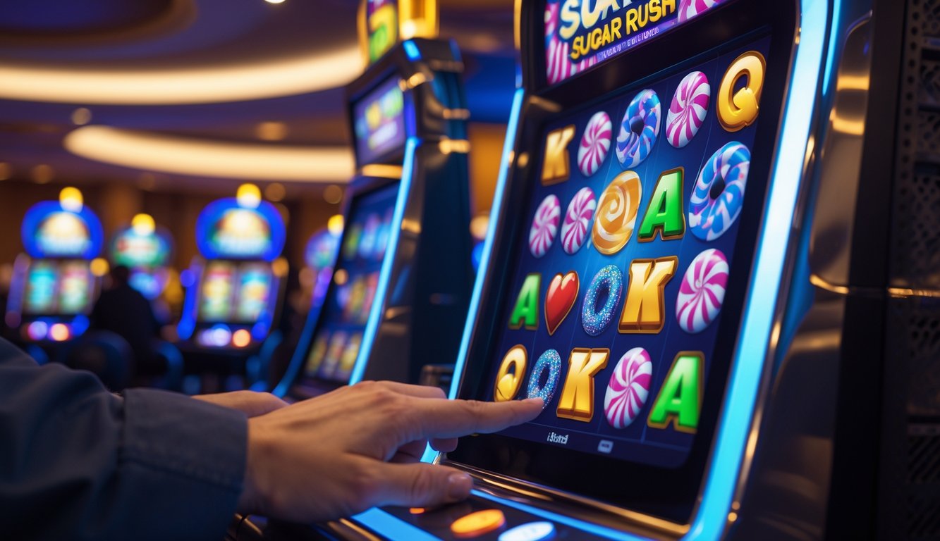 Seseorang sedang bermain mesin slot digital dengan tema permen berwarna-warni di dalam kasino.