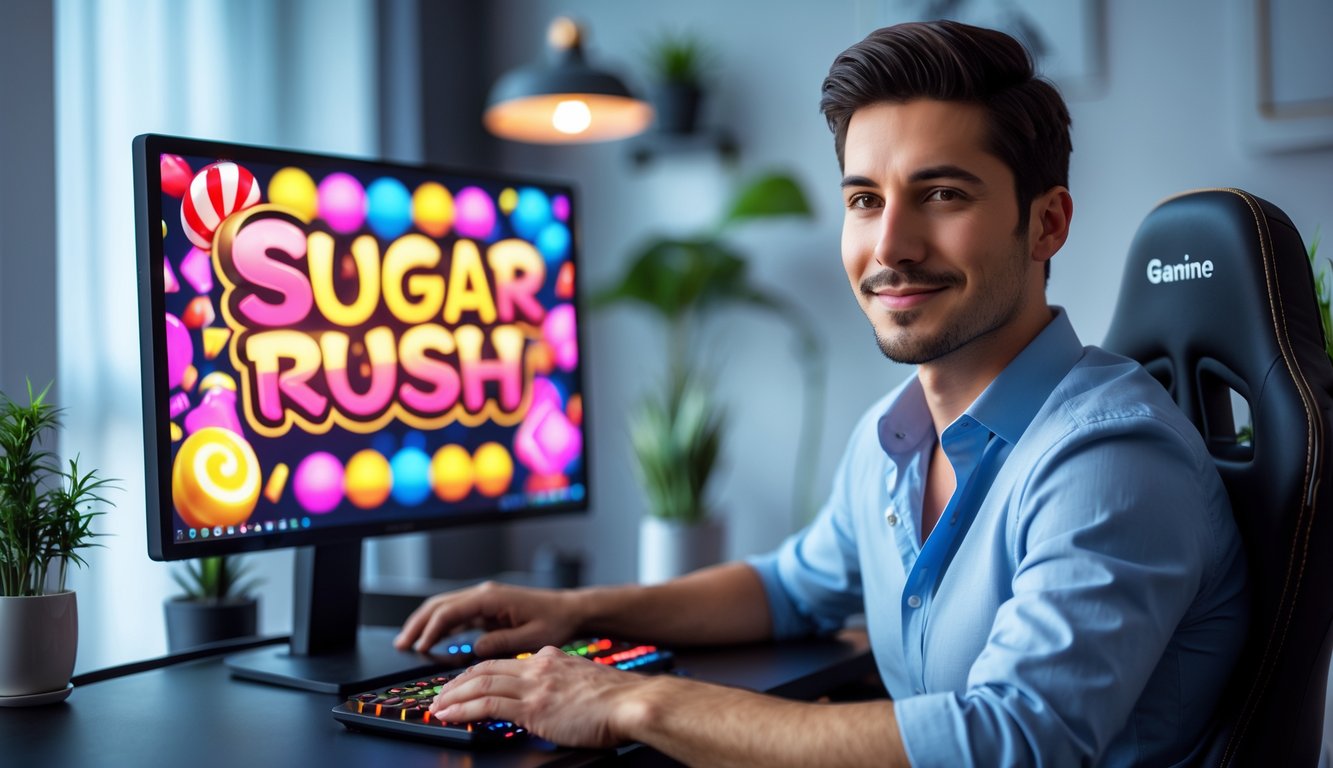 Seorang pria duduk di depan komputer dengan tampilan permainan slot bertema permen berwarna cerah di layar, di dalam ruangan yang nyaman dan terang.