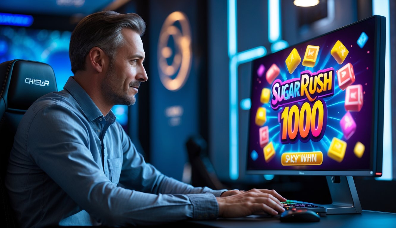 Seorang pria dewasa duduk di depan komputer dengan tampilan permainan slot warna-warni, terlihat fokus dan tenang di sebuah ruangan modern.