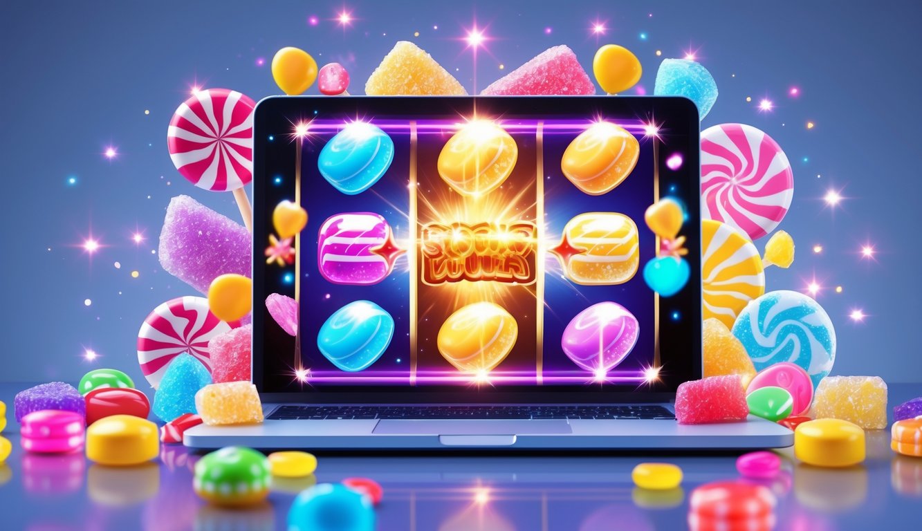 Layar perangkat menampilkan permainan slot online dengan tema permen dan gula, dikelilingi oleh permen warna-warni dan efek cahaya yang cerah.