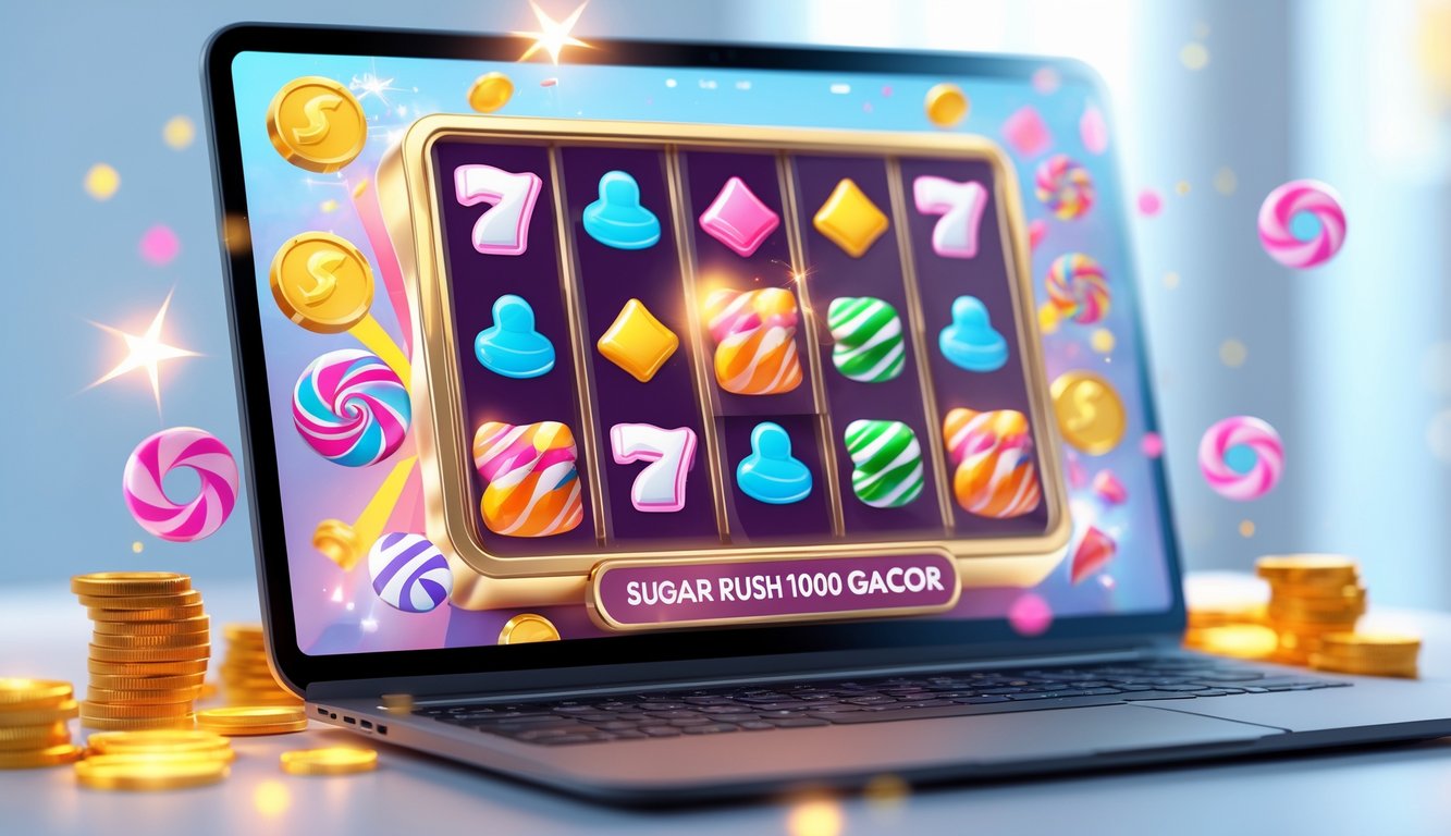 Sebuah komputer menampilkan permainan slot bertema permen dengan ikon warna-warni di layar, dikelilingi oleh koin dan efek berkilau yang menunjukkan kemenangan.