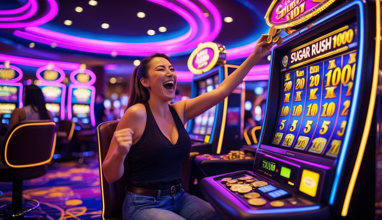 Seorang pemain di kasino modern sedang merayakan kemenangan jackpot di mesin slot dengan lampu warna-warni dan koin yang keluar dari mesin.