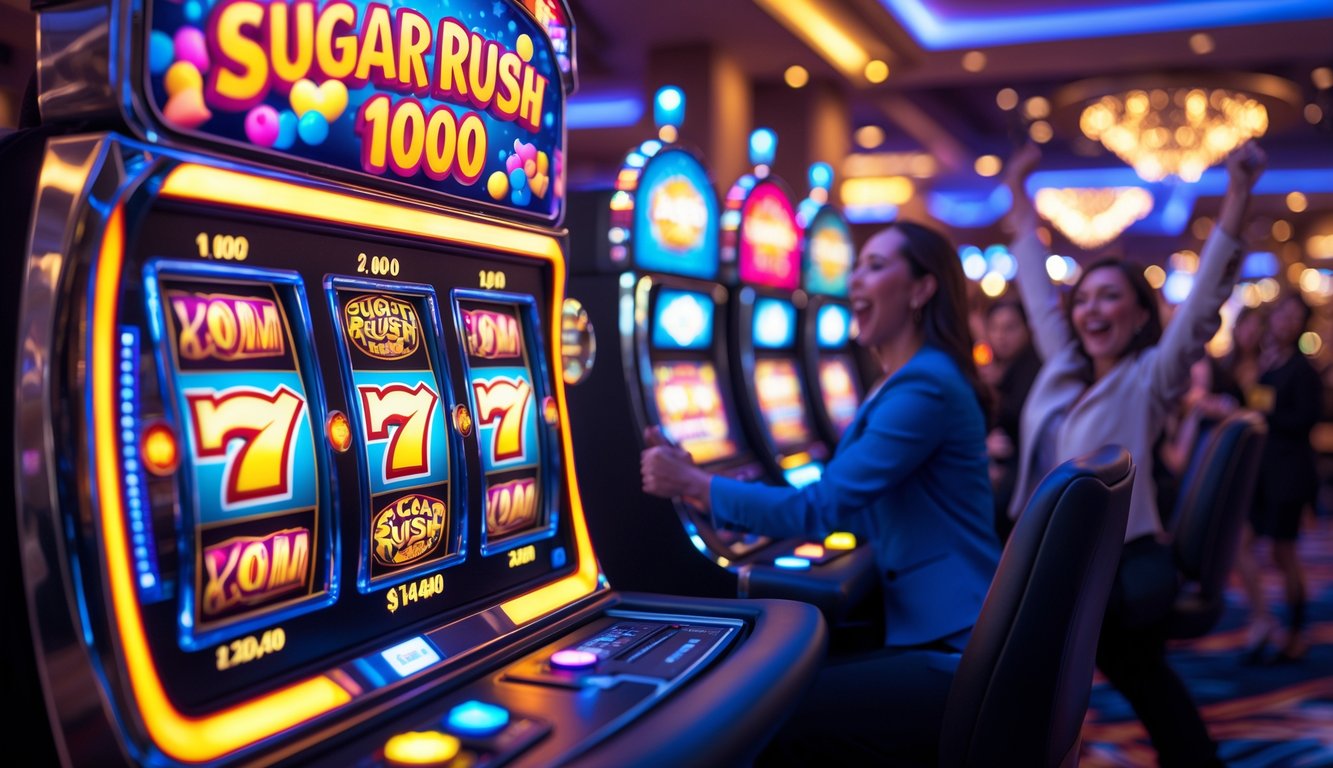 Mesin slot berwarna cerah dengan lampu menyala dan suasana kasino yang ramai dengan pemain yang terlihat senang merayakan kemenangan.