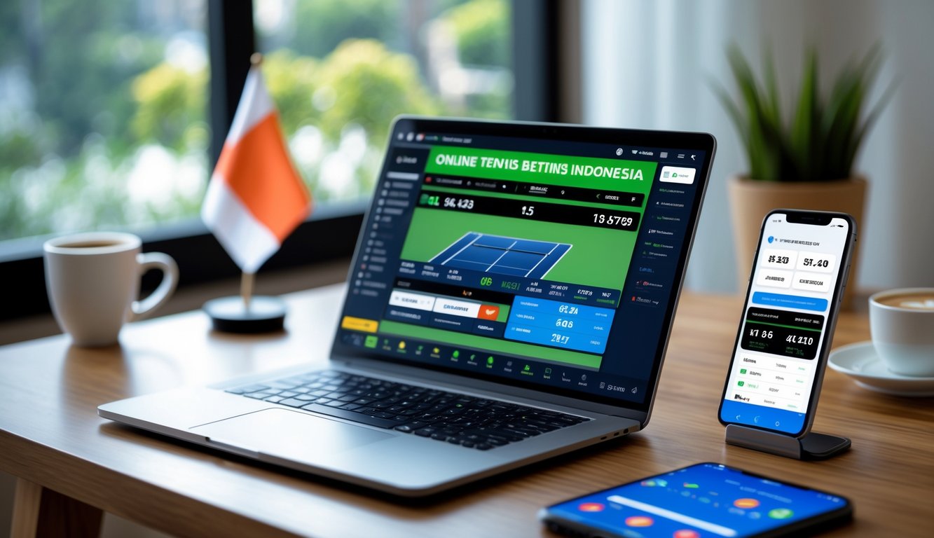 Seseorang sedang menggunakan laptop dan ponsel di meja kerja dengan siaran pertandingan tenis dan aplikasi taruhan terbuka, dengan bendera Indonesia kecil di meja.