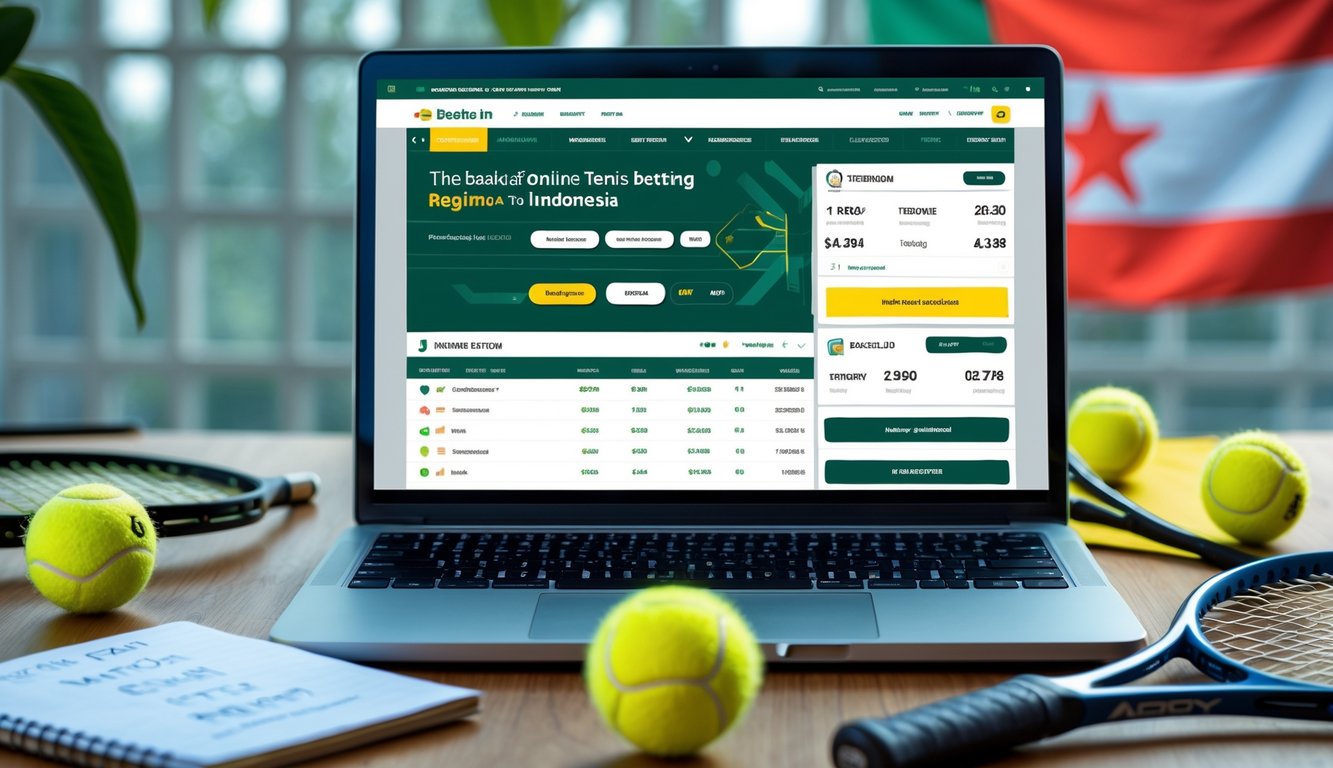 Seorang pria atau wanita di depan laptop dengan layar menampilkan situs taruhan tenis online, di meja terdapat raket tenis dan bola tenis.