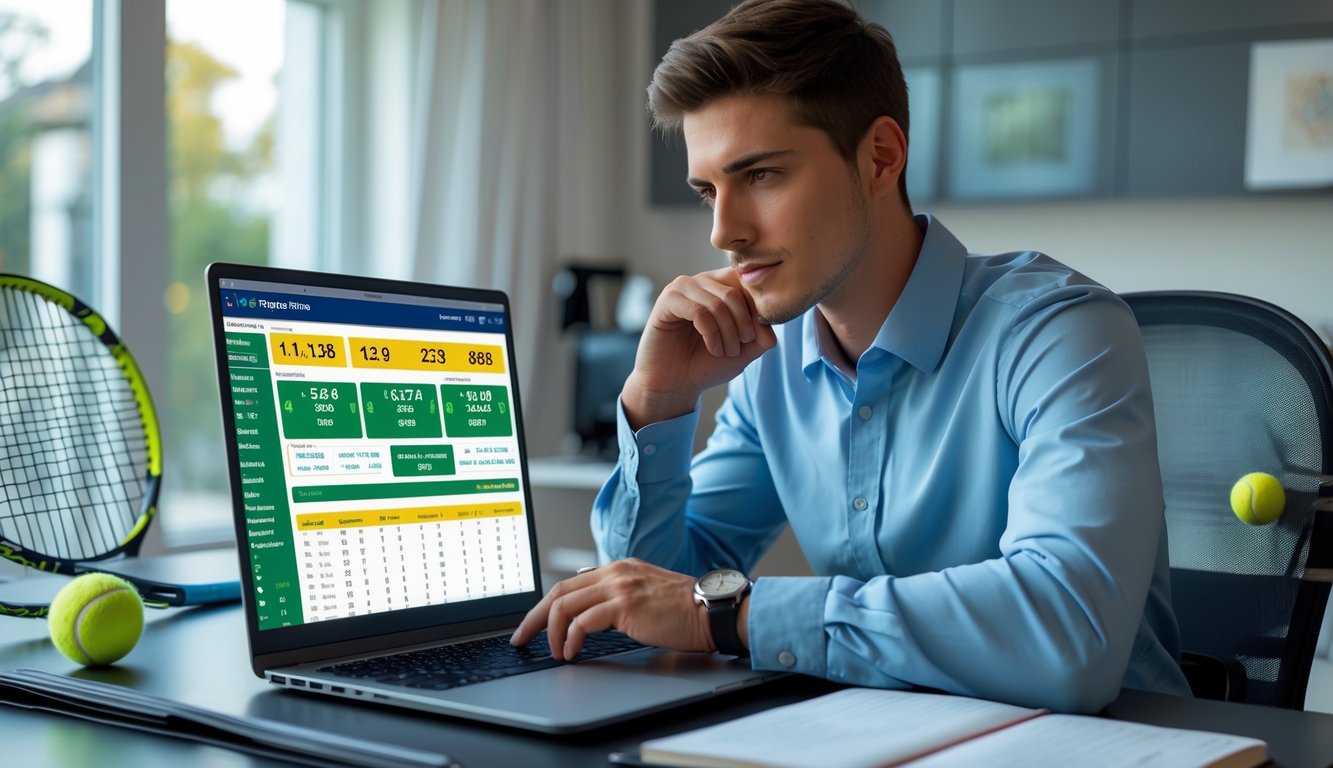 Seorang pria muda duduk di meja dengan laptop, menganalisis statistik pertandingan tenis dan peluang taruhan di ruangan kantor rumah yang rapi dengan peralatan tenis di latar belakang.