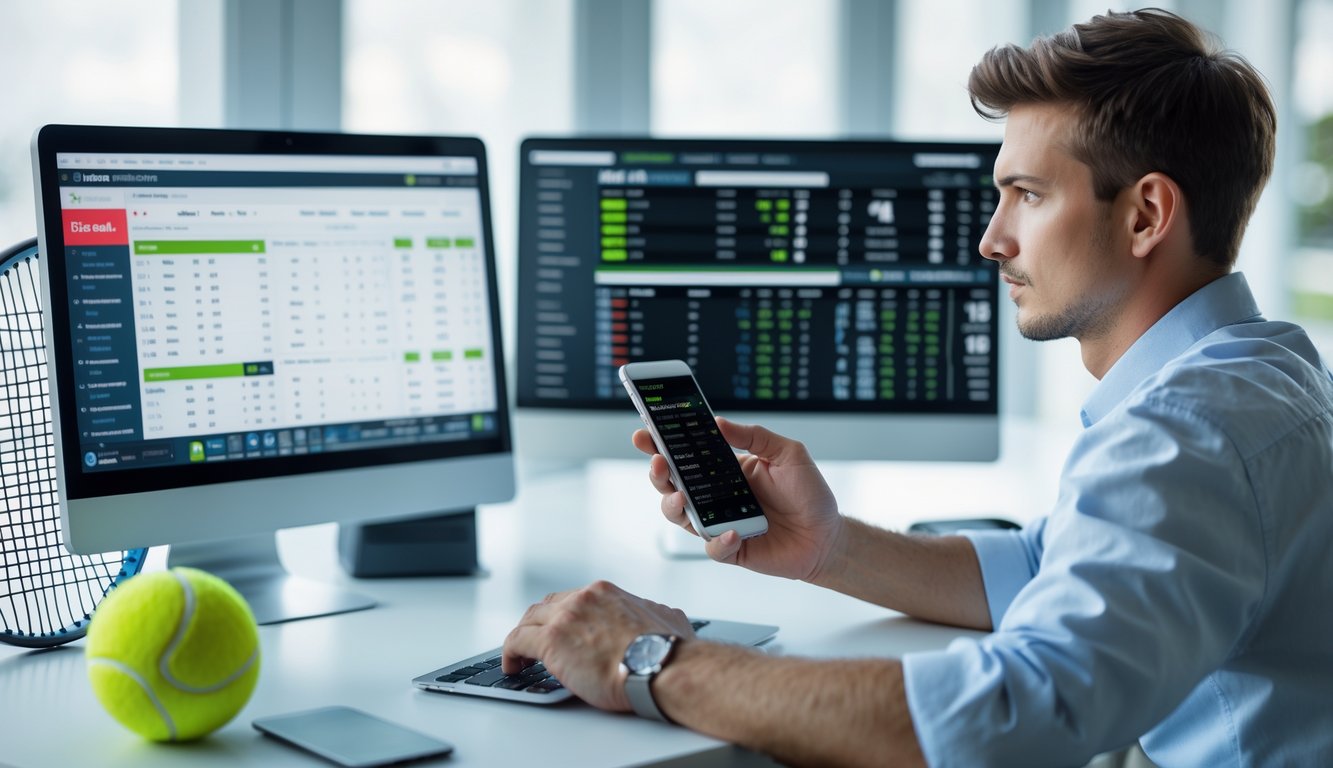 Seorang pria muda sedang duduk di meja dengan beberapa layar menampilkan statistik pertandingan tenis dan peluang taruhan, sambil fokus menggunakan laptop dan ponsel di ruang kerja yang rapi.