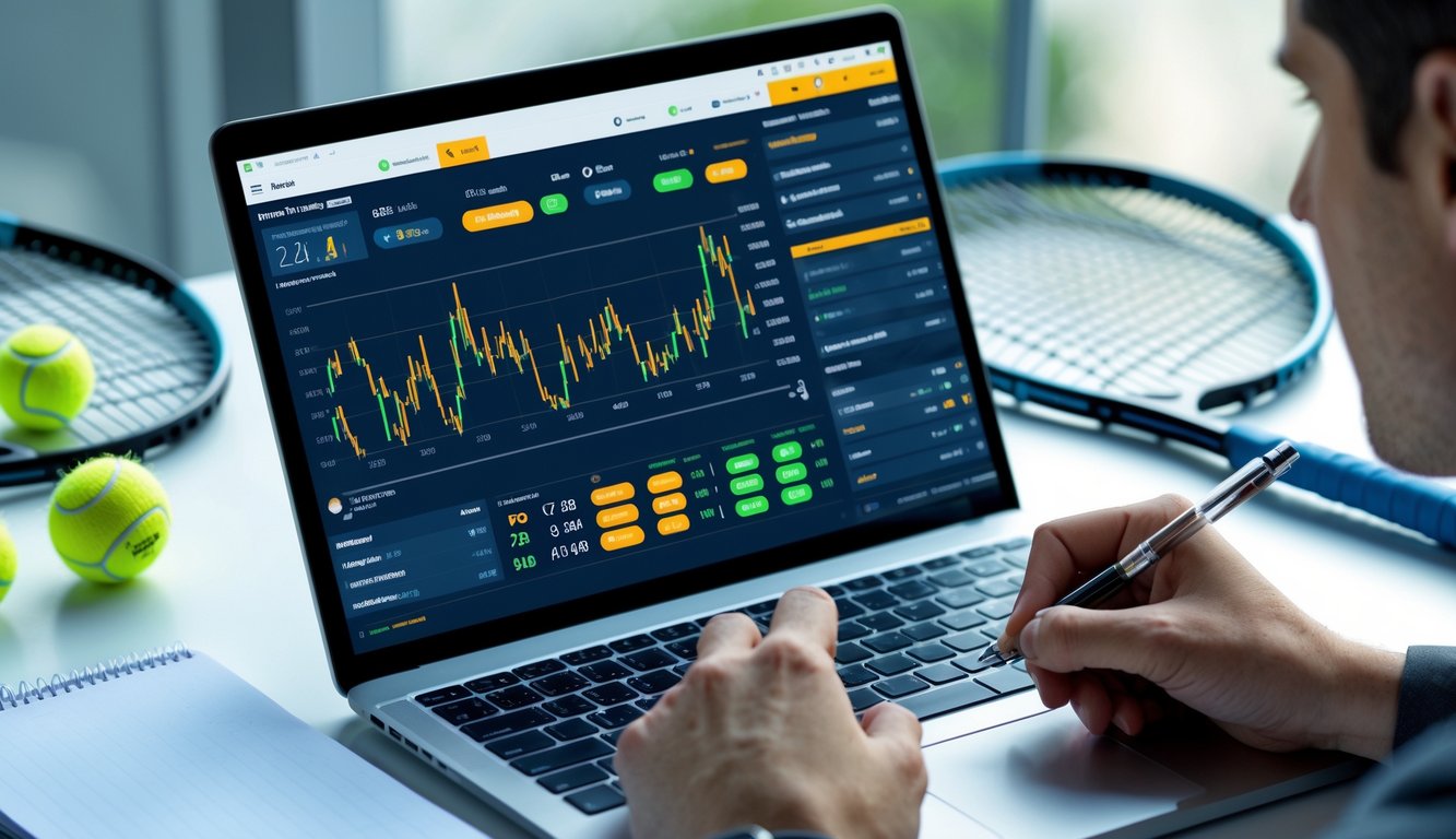 Seseorang menganalisis data pertandingan tenis di laptop dengan raket dan bola tenis di meja.