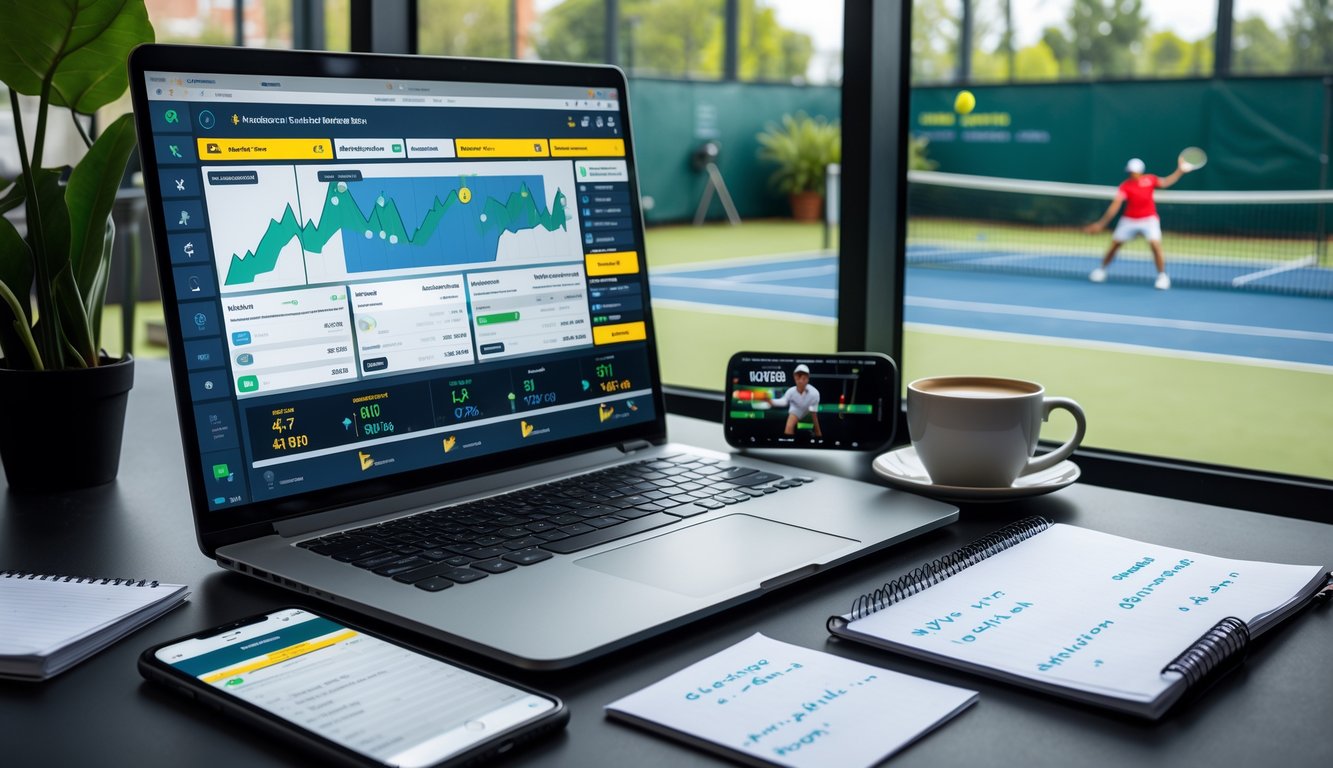 Seorang pria duduk di depan laptop yang menampilkan statistik pertandingan tenis, dengan ponsel yang memutar pertandingan tenis secara langsung dan catatan strategi di meja, latar belakang memperlihatkan lapangan tenis dengan pemain yang sedang melakukan servis.