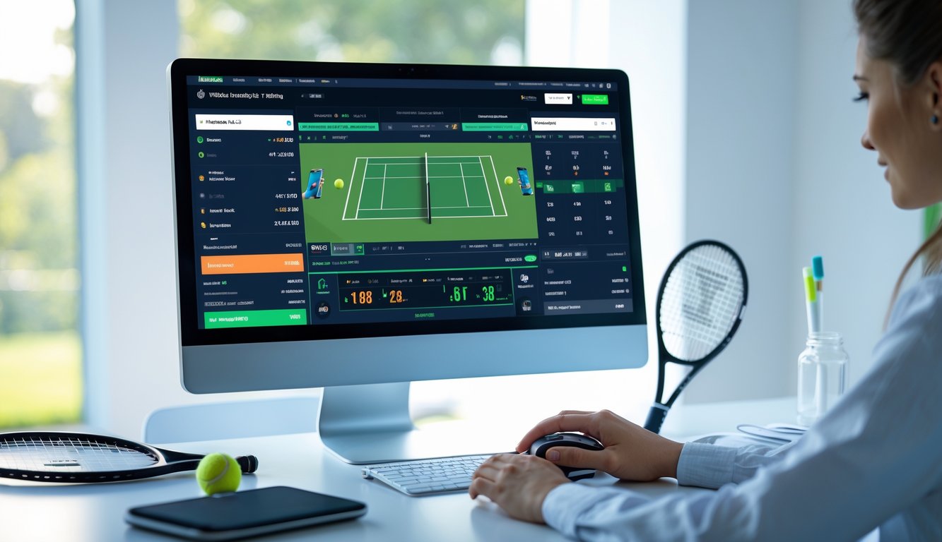 Meja kerja dengan komputer menampilkan pertandingan tenis, tangan seseorang menggunakan mouse, raket dan bola tenis di meja.