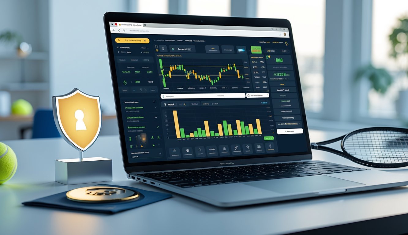 Seorang profesional menggunakan komputer dengan tampilan taruhan tenis online dan simbol keamanan di meja kerja yang rapi.