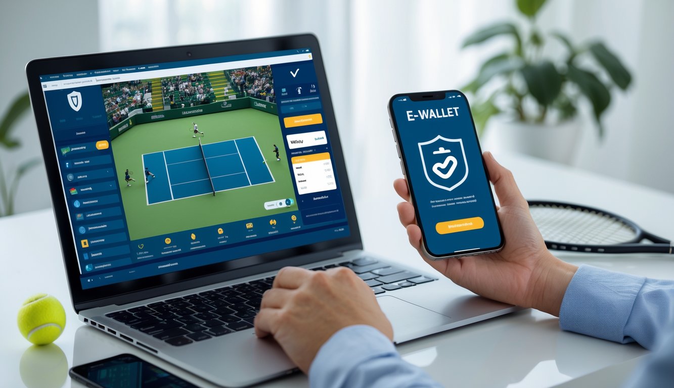 Seseorang duduk di depan laptop dengan layar pertandingan tenis dan ponsel menampilkan aplikasi e-wallet, di meja terdapat bola tenis dan raket.