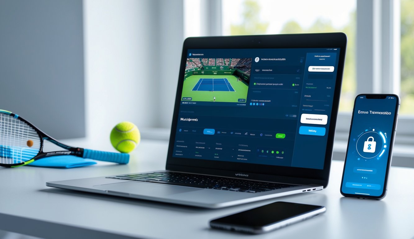 Seorang pengguna sedang melakukan taruhan tenis online yang aman menggunakan laptop dan ponsel dengan aplikasi e-wallet di meja kerja.