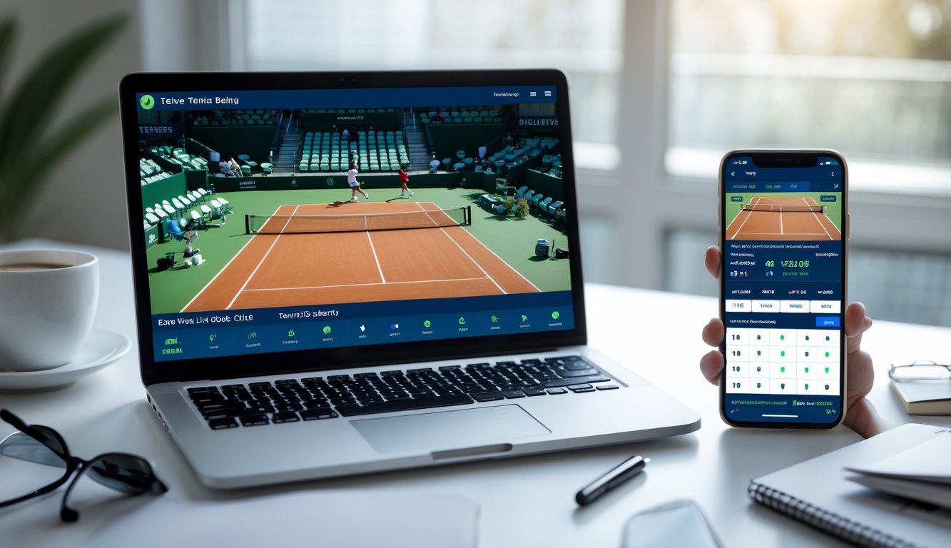 Seseorang sedang menggunakan laptop dan ponsel untuk menonton pertandingan tenis langsung dan memasang taruhan online di sebuah meja kerja yang rapi.
