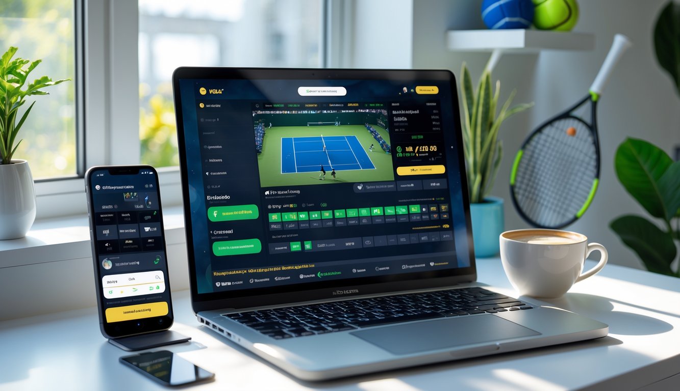 Seseorang menggunakan laptop dan smartphone untuk menonton siaran langsung pertandingan tenis dan memasang taruhan online di meja kerja rumah.