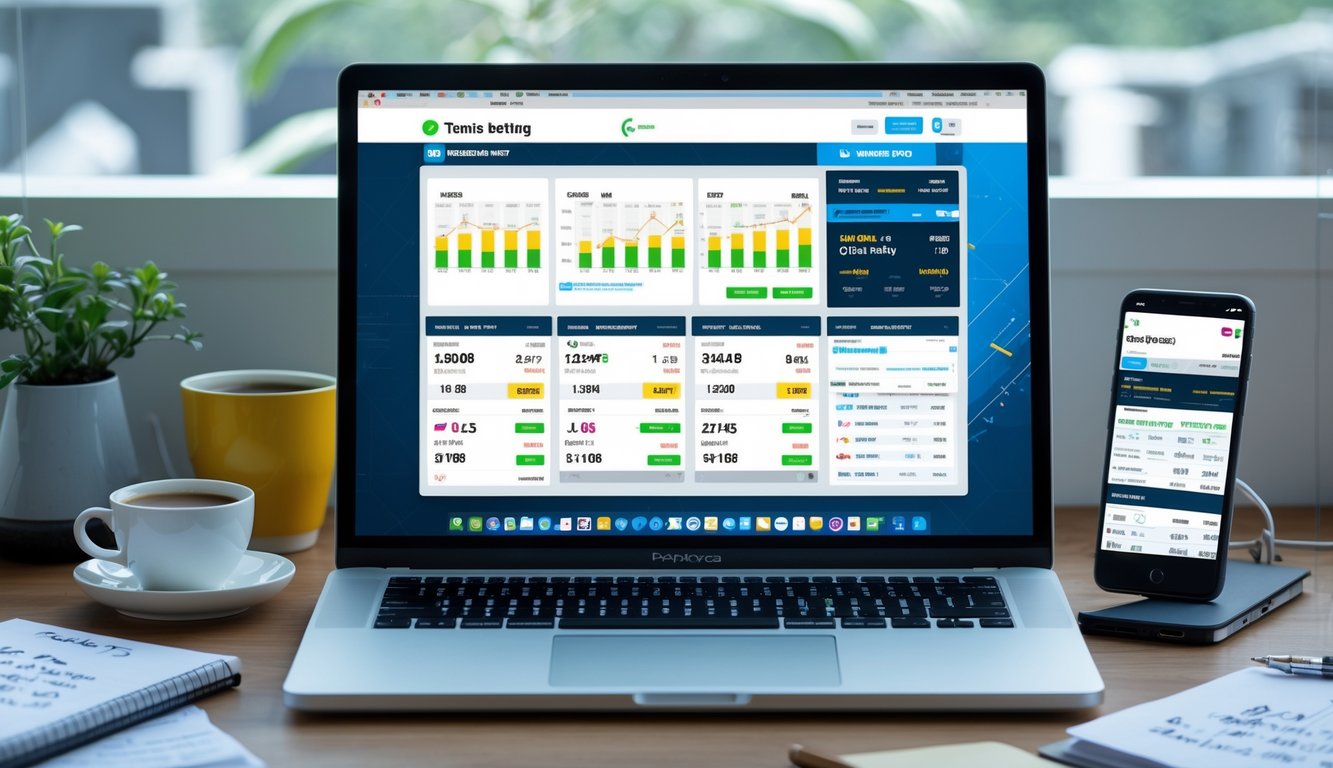 Seorang pria duduk di meja kerja dengan laptop menampilkan antarmuka taruhan tenis online, di sekitar terdapat ponsel dan alat tulis.