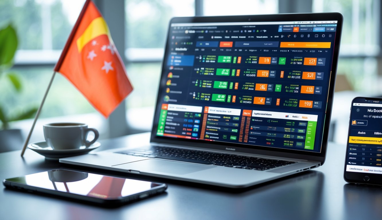 Seorang profesional menggunakan laptop dan perangkat digital lainnya untuk membandingkan odds taruhan tenis online dengan latar belakang bendera Indonesia di meja kerja.