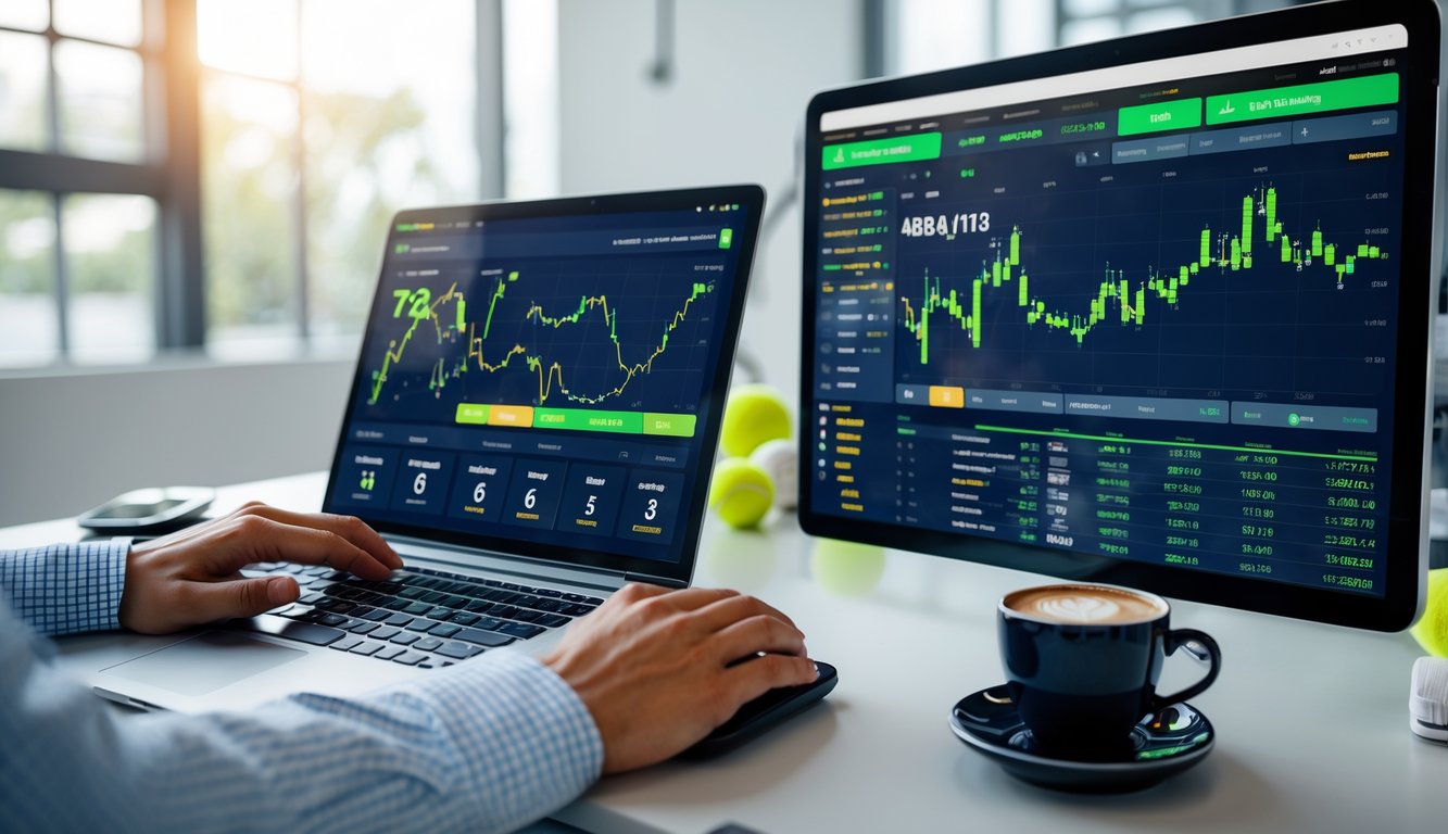 Seorang profesional sedang menganalisis statistik pemain tenis di laptop di ruang kerja modern dengan grafik dan data taruhan tenis di layar.